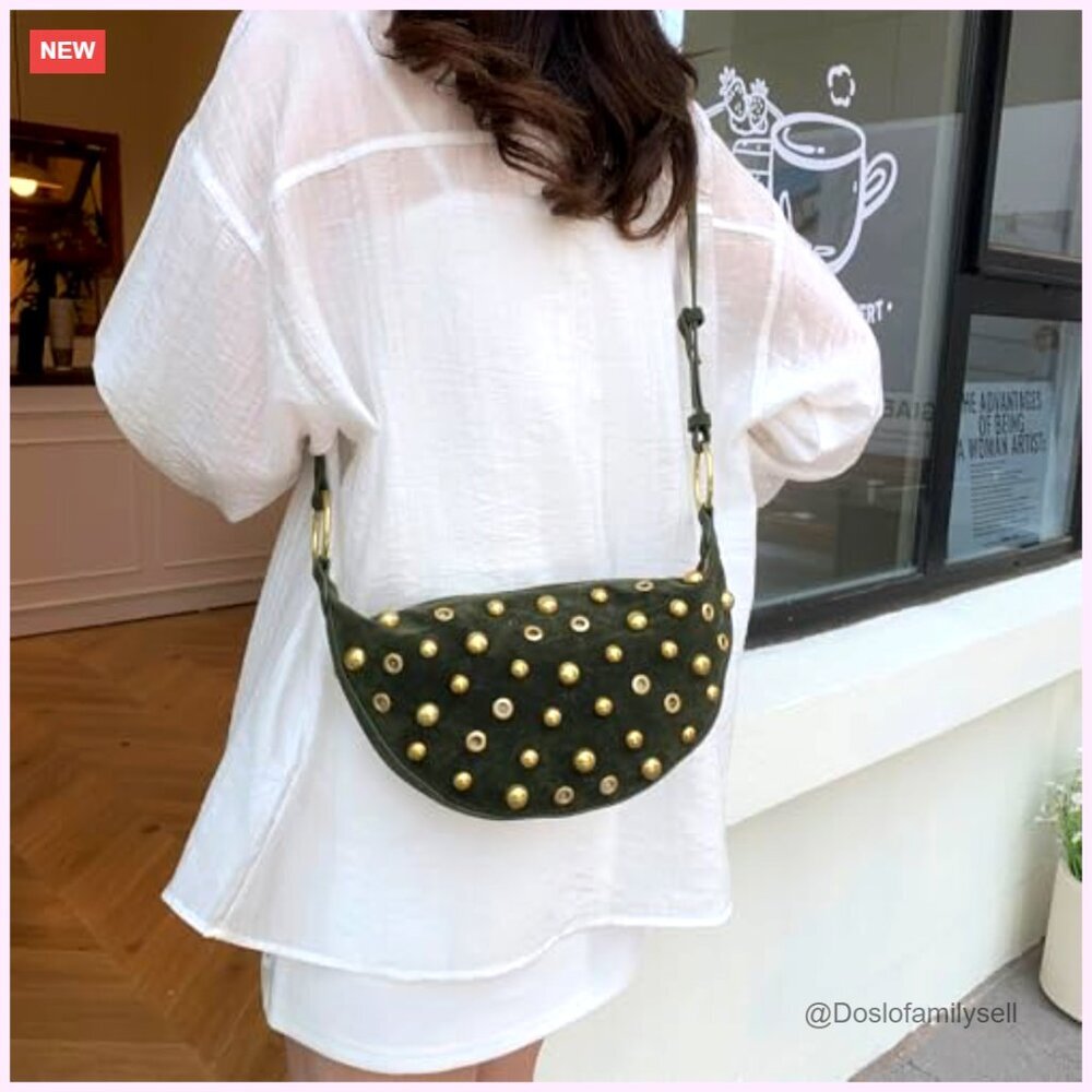 Studded Hobo Bag Faux Suede Y2K Trendy Shoulder Crossbody Purse Adjustable Strap - Picture 6 of 7